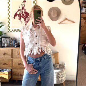 NAVI CREAM OFF WHITE FRINGE VEST DENIM RETRO VINTAGE WOMENS SMALL